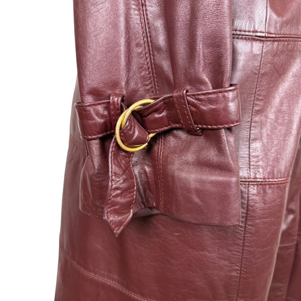 Tfc Women Maroon 100% Genuine Leather Belted Trench Coat Lined With Rayon Sz 8 - Picture 9 of 16